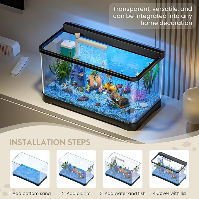 LED Aquarium Fish Tank Kit,(Light + Filter + Green Plants + Blue Sand + Pineapple Houses + Shells) Black, 4.5 Gallon