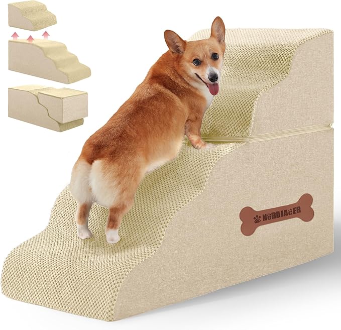 5-Step Spliceable Pet Stairs: Indoor& Outdoor Multi-Use with a Removable Cover and a Pocket, Best for Small Pets and Older Dogs Who Has Spine and Arthritis Issues to Get on High Beds, Beige(22.8" H)