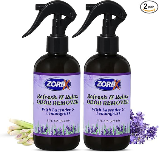 ZORBX Refresh & Relax Odor Remover Spray with Lavender & Lemongrass 8 Oz (Pack of 2) β Permanent Solution Room Freshener & Air Freshener Spray for Home, Bathroom, Furniture, Carpet, Car, Gym & Laundry