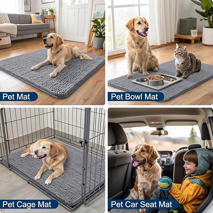 Smiry Dog Door Mat for Muddy Paws 30x17, Absorbs Moisture and Dirt Doormat, Non-Slip Washable Quick Dry Chenille Front Door Mat Indoor Entrance, Entryway Carpet for Inside Floor, Grey