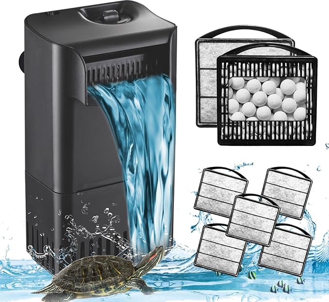 Turtle Tank Filter Aquarium Filter Power Adjustable 10-40 Gal. 222 GPH Small Internal Filter 3-Stage Waterfall Bio-Filtration Low Water Level for Freshwater Saltwater Fish Tank Reptile Shrimp Frog