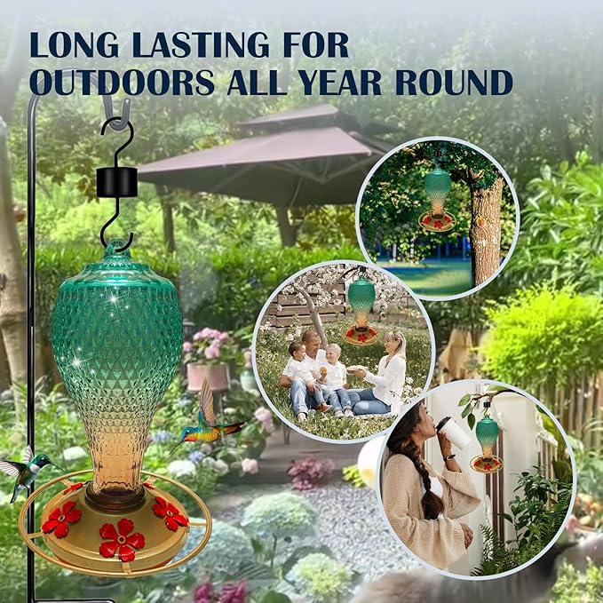 Hummingbird Feeder for Outdoors,17 OZ Glass Humming Bird Feeder for Garden,Backyard Decor,Four Flowers Feeding Ports,Leak Proof,Ant Moat Included,Humming Gifts for Mom/Women