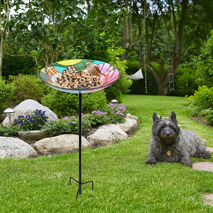 MUMTOP Glass Bird Baths for Outdoors-Outdoor Bird Bath Bowl - Butterfly and Flower Birdbaths Yard Stake, Bird Feeders for Outside, Garden, Patio, Lawn Decor