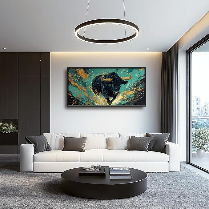 Large Bison Buffalo Wall Art for Living Room, Framed Oversized Bull Wall Decor, Abstract Teal and Golden Canvas Painting Modern Artwork for Living Room Bedroom Office Dining Room 60"x30"