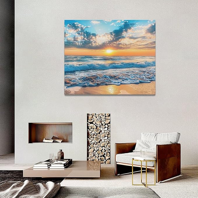 Large Beach Wall Art for Living Room Beach Sunset Ocean Waves Art Big Space Size Framed Canvas Prints Blue Pictures Painting Artwork Office Bedroom Home Decor 60"x30"