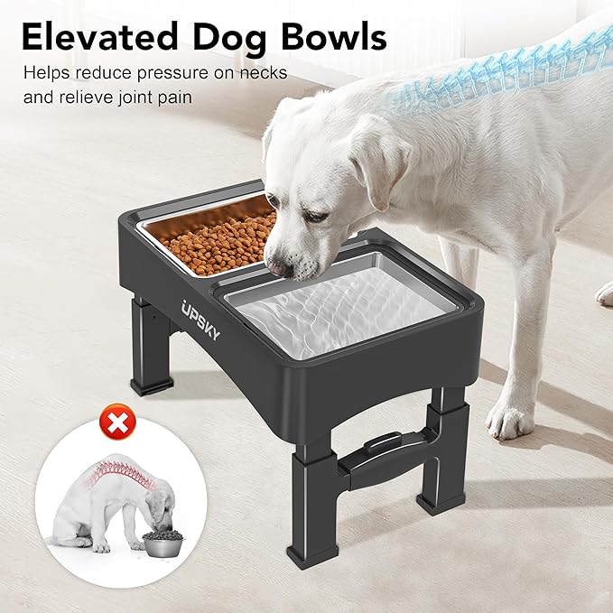 UPSKY Elevated Dog Bowls, 4 Height-Adjustable Raised Dog Bowl Stands with 2 Stainless-Steel Water Bowls, Slow Feeder, Anti-Slip for Small & Medium Dogs