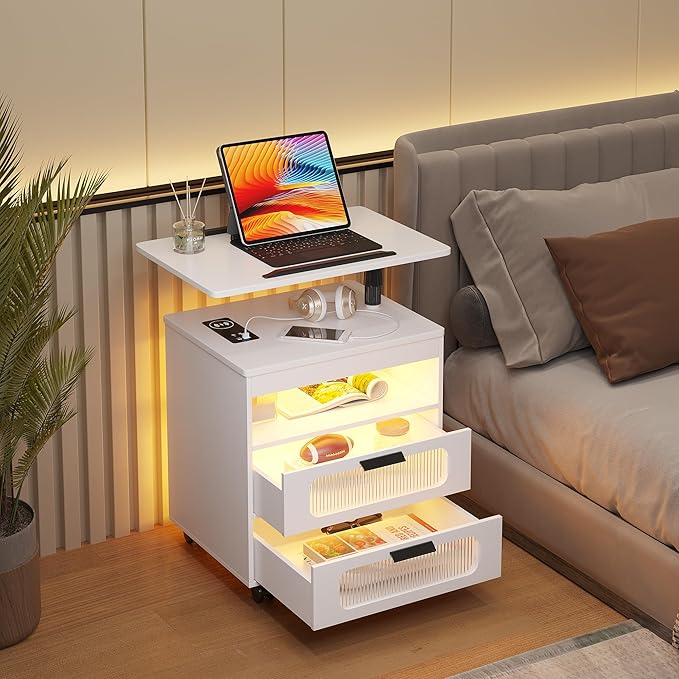 HNEBC Nightstand with Wireless Charging Station, LED Nightstand Has Adjustable Rotary Workstation,Smart Night Stand with 2 Drawers,Modern Bedside Table for Bedroom, Sensor Light/Wheel (White)