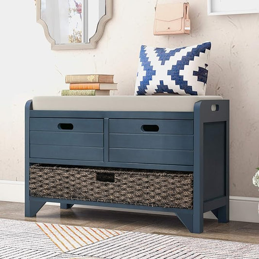 Storage Bench Removable Basket 2 Drawers Fully Assembled Acacia Wood Shoe Bench Standing Shoe Rack Removable Cushion for Living Room, Entrance Hallway, No Assembly Required Navy