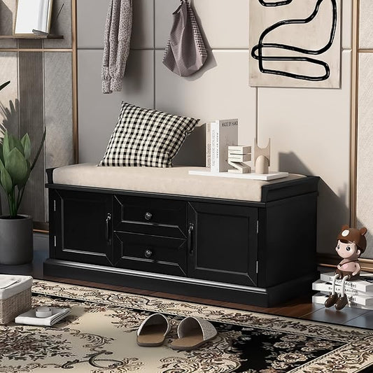 Storage Bench with 2 Drawers and 2 Cabinets, Pine Wood Shoe Bench with Removable Cushion for Living Room, Entryway 42.5" L x 15.9" W x 17.5" H (Black)