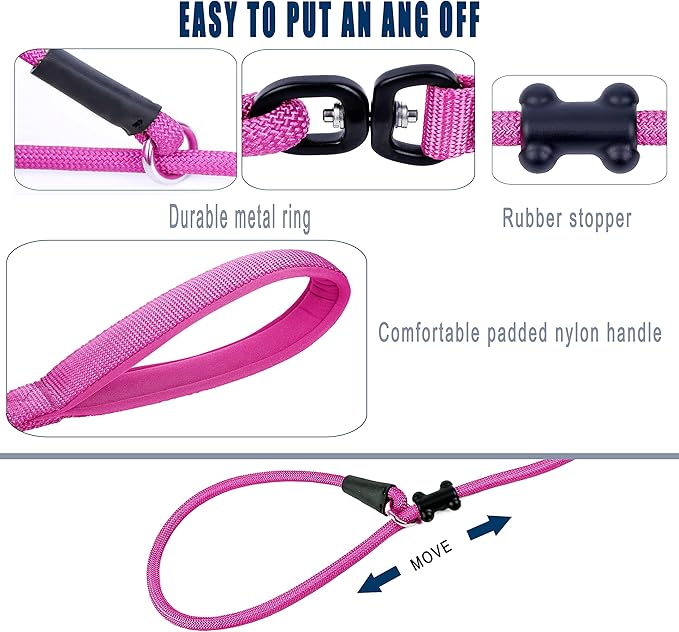 Slip Lead Dog Leash,Strong Nylon Rope Leash and Padded Handle,No Pull Outdoor Walking Training Lead for Small Medium Large Dogs(Fuchsia,1/2"×4ft)