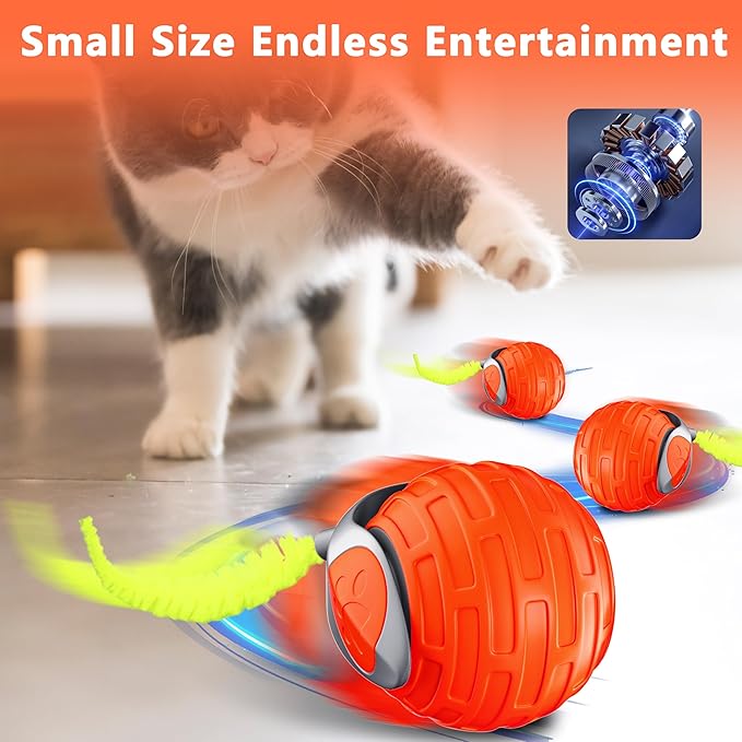 Cat Toys,Interactive Cat Toys Ball for Bored Indoor Cat,Automatic Rolling,Drop Resistant and Obstacle Avoidance,2 Modes Adjustment,Fluffy Tail and USB Type-C Rechargeable(Orange)