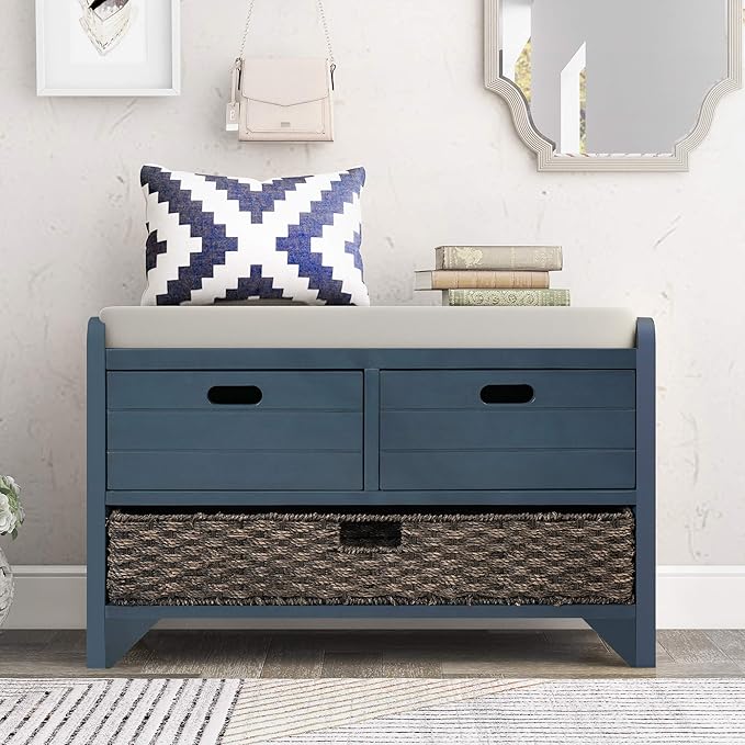 Storage Bench Removable Basket 2 Drawers Fully Assembled Acacia Wood Shoe Bench Standing Shoe Rack Removable Cushion for Living Room, Entrance Hallway, No Assembly Required Navy