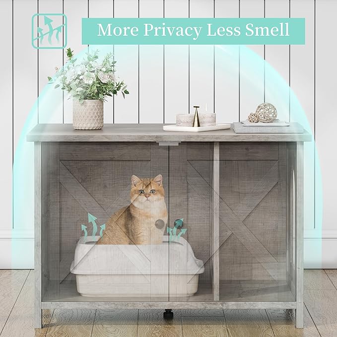 Vongrasig Cat Litter Box Enclosure,Litter Box Furniture Hidden with Barn Door,Wooden Cat Washroom Furniture,Cat House,End Table, Fit Most of Litter Box, Grey