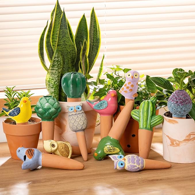 4 Pack Handmade Terracotta Owl Watering Spikes and Globes, Self-Watering Plant Devices with Slow Release System for Continuous Moisture, Perfect Water Bulbs for Indoor and Outdoor Plants Vacation Use