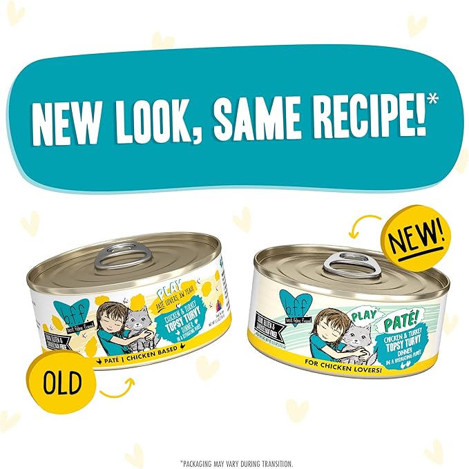 Weruva B.F.F. Play - Best Feline Friend Paté Lovers, Aw Yeah!, Chicken & Turkey Topsy Turvy with Chicken & Turkey, 5.5oz Can (Pack of 8)