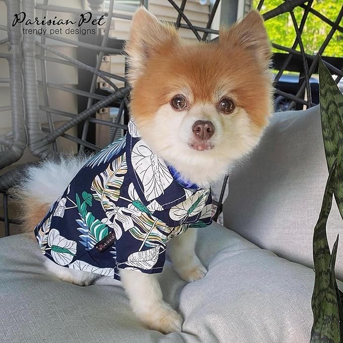 Parisian Pet Palm Leaves Dog Shirt - 100%Cotton Dog Summer Clothes - Stylish Dog Beach Oufit - Hook and Loop Closure Dog Costume - Machine Washable Dog Shirts for Small Dogs - L