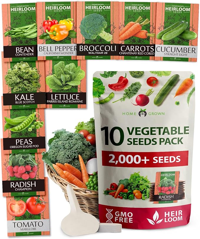 HOME GROWN π¨π¦π π£π₯ππ ππ¨π 10 Variety Vegetable 2,000+ π‘π’π‘-ππ π’ Seeds (Kale Lettuce Tomato Broccoli Beans Peas Bell Peppers Carrot Cucumber Radish) β Indoor & Outdoor Garden Survival Seeds