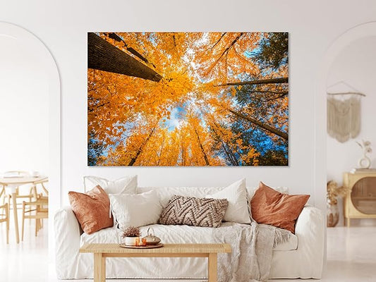 Nature Wall Art Prints - Ocean Forest Mountain Lake Canvas Landscapes - Small to Extra Large Living Room Bedroom Kitchen Bathroom Décor (Blue Sky Through Yellow Autumn Trees, 24L" x 36W")