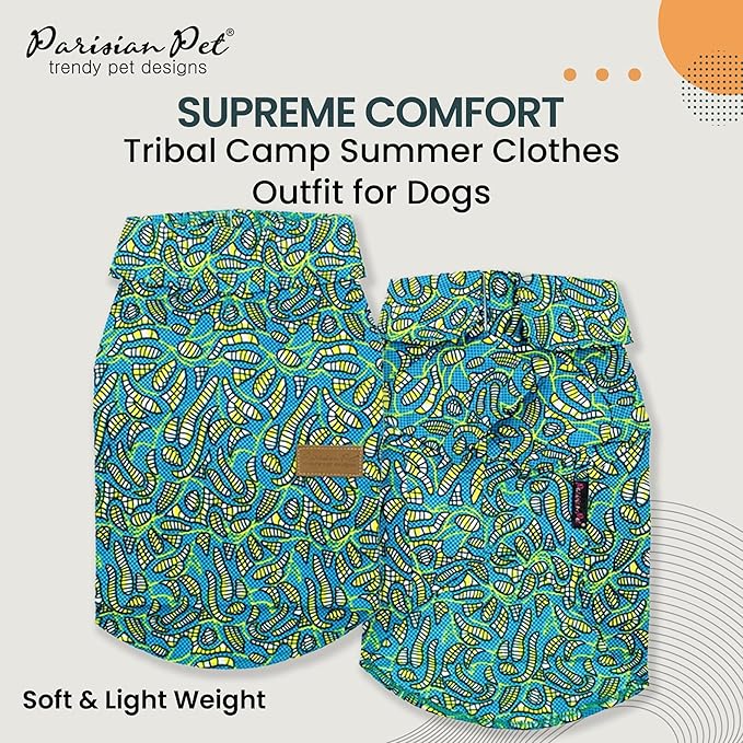 Parisian Pet Stylish Dog Shirt - Tribal Camp Beach Outfit - 100% Cotton Dog Summer Clothes - Breathable and Cool Pet Clothing - Machine Washable - Small Dogs