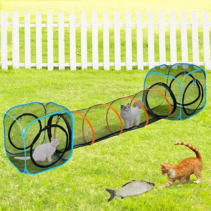 Pet Play Tunnel + Cube(with Three Ways) for Indoor and Outdoor, Kitty Play House, Cat Enclosures, Collapsible Cat Tent, Cage, Kitten Toys Easy to Connect with Kitty Tent(2 Cubes + Run Tunnel)