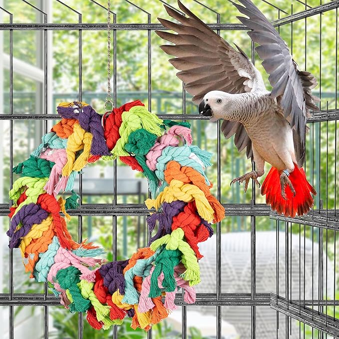 Parrot Swing for Large Birds - Colorful Cotton Rope Hanging Ring Toy for African Grey, Cockatoo, Conure, and Parakeet | Chewing, Exercise, Climbing, and Snuggling