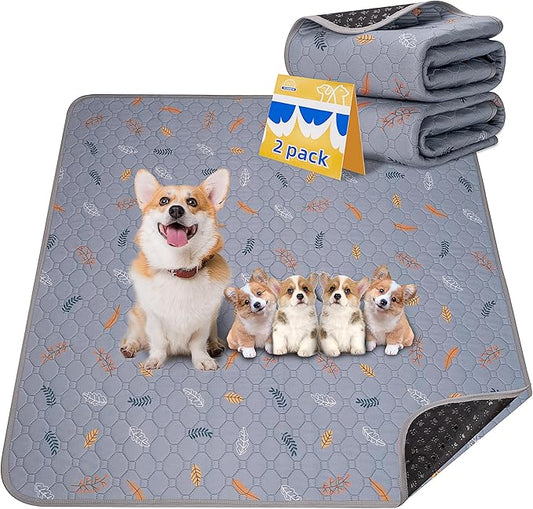 Sunheir Washable Pee Pads for Dogs 2-Pack Reusable Puppy Pads Pet Training Pads, Waterproof Dog Pee Pads for Crate, Whelping Pad, Non-Slip Protects Against Urine Leakage (Leaves - Light Grey, 31x36)