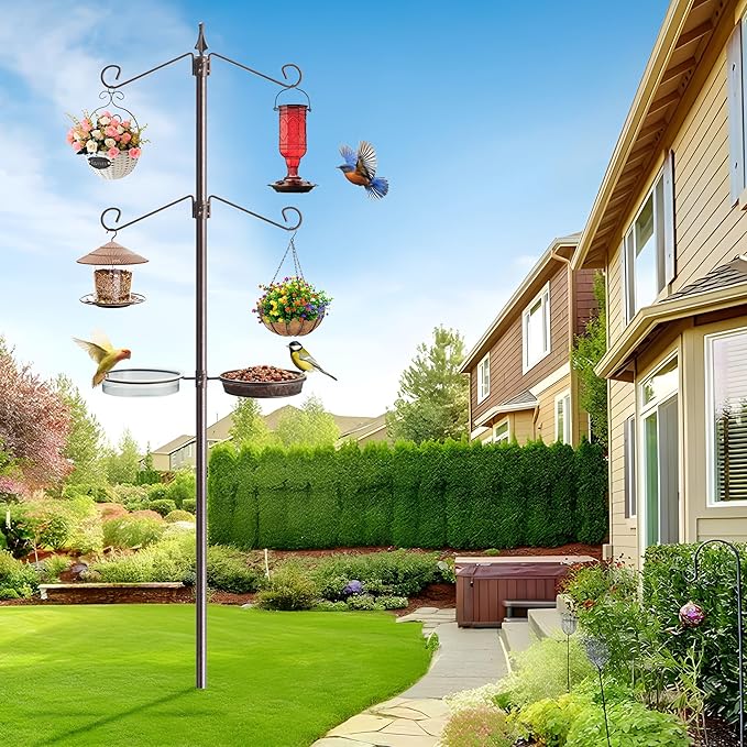 Bird Feeder Pole for Outdoors,81 Inch Metal Feeding Station Kit with 4-Hook,Bird Bath and Mesh Tray,5-Prong Base
