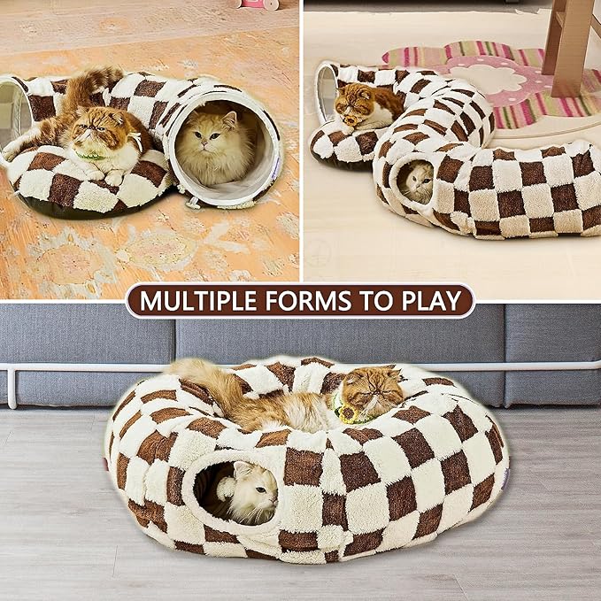 Cat Tunnel Bed with Washable Cushion for Indoor Cat, Donut Cave Tube Toys for Kitten Puppy Rabbit, Brown