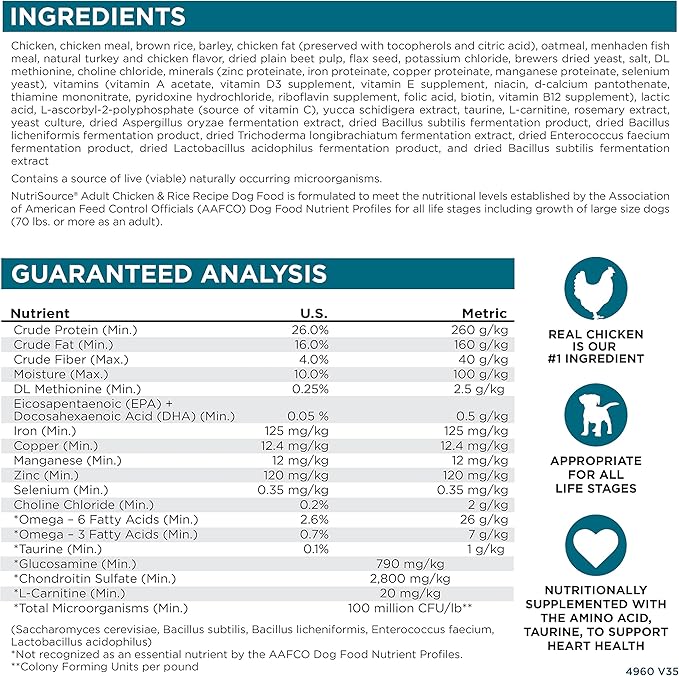 NutriSource Adult Dry Dog Food, Chicken and Rice, 26LB