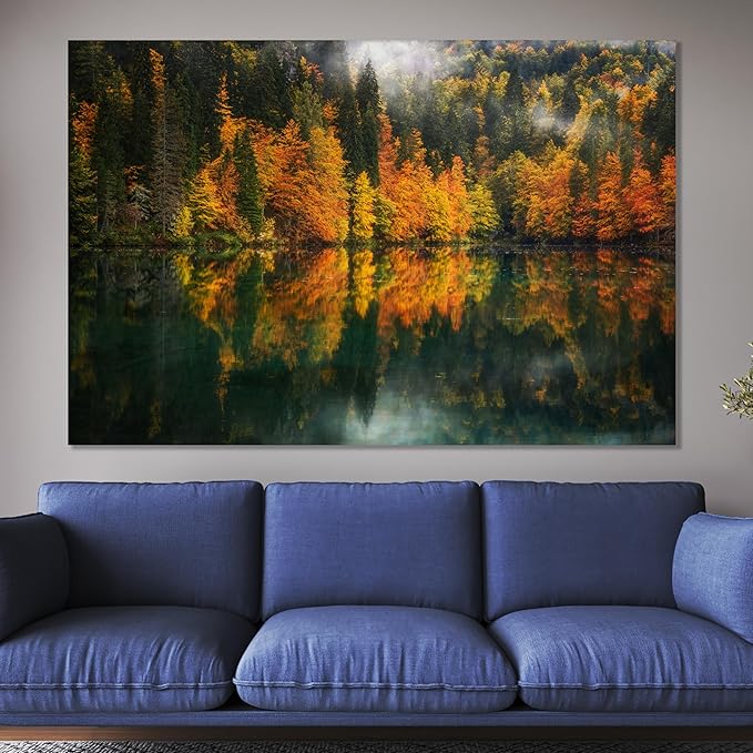 Nature Wall Art Prints - Ocean Forest Mountain Lake Canvas Landscapes - Small to Extra Large Living Room Bedroom Kitchen Bathroom Décor (Autumn by the Lake, 24L" x 36W")