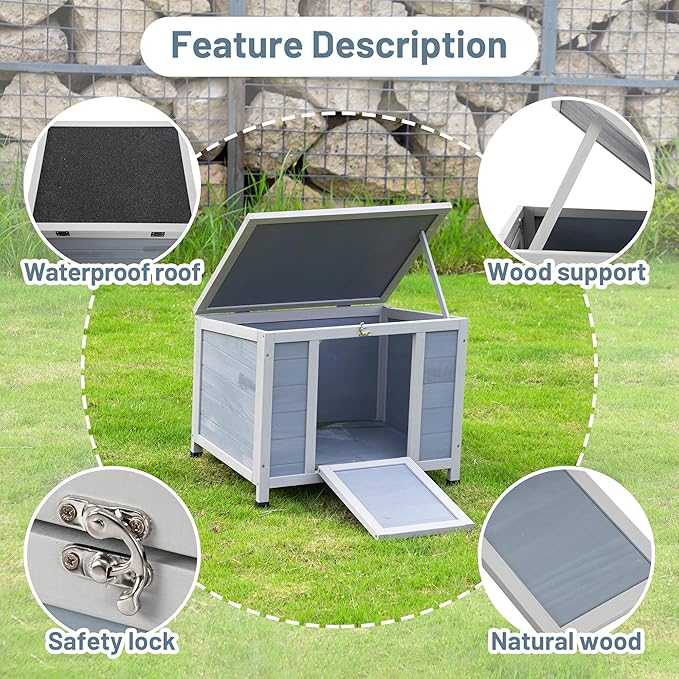COZIWOW 24inches Wooden Catio Outdoor Cat House Small Animal House,Rabbit Hutch Indoor,Stable Weatherproof Bunny Cage Pet Shelter for Small Cat Dog Rabbit Guinea Pig (Grey)