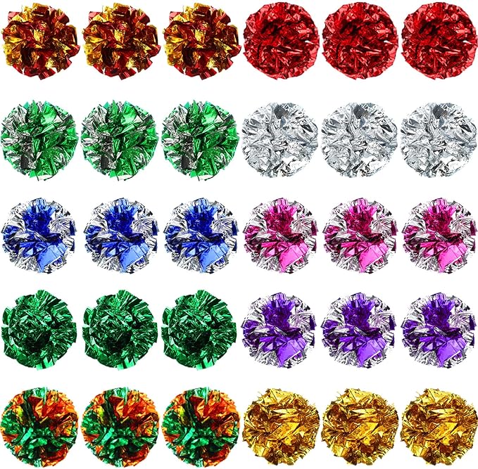 Silkfly 30 Pcs Polyester Film Crinkle Balls Cat Toys 2.36" Interactive Crinkle Ball, Colorful Chew and Chase Cat Toys for Indoor Kittens to Keep Fit Active