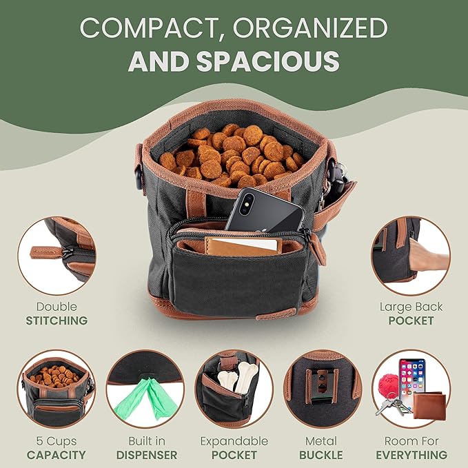 BEAU&FUR Dog Treat Pouch with Clicker for Training - Hands-Free Dog Treat Bag with Magnetic Closure, Built-in Poop Bag Holder Pocket