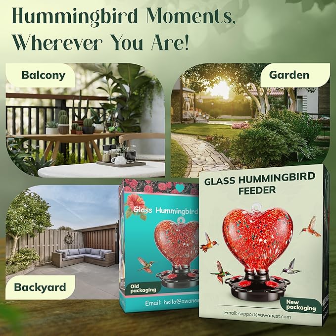 Hand Blown Glass Hummingbird Feeder for Outdoors All Season Use - 28 Fl. Oz. Leak Proof Hummingbird Feeder with Rust Proof Base - Includes Ant Moat, Ant & Bee Proof (Red)