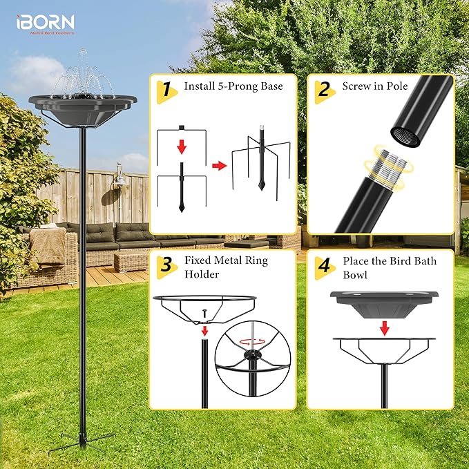 iBorn Bird Bath for Outside,36″ Freestanding Bird Bath with 3 Adjustable Height Pole,12″ BPA-Free Plastic Bowl,5-Prongs Base,Metal Pole and Plastic Bird Bath Bowl,Gray,1 Pack(Not Include Fountain)