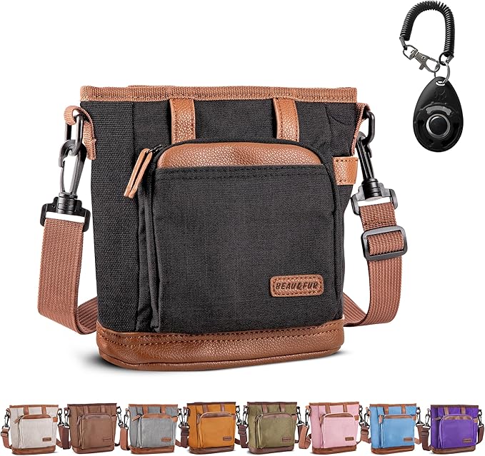 BEAU&FUR Dog Treat Pouch with Clicker for Training - Hands-Free Dog Treat Bag with Magnetic Closure, Built-in Poop Bag Holder Pocket