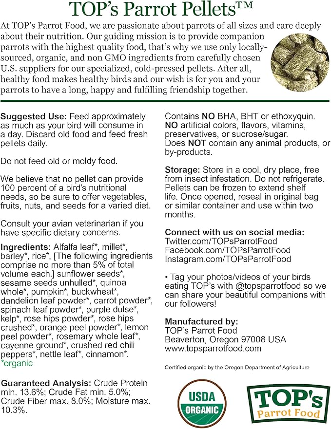 TOP's Parrot Food Bird Pellets for Small Hookbills - Non-GMO, Peanut Soy & Corn Free, USDA Organic Certified (10lbs)