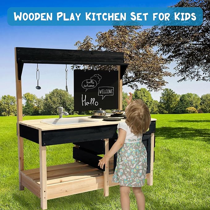 Mud Kitchen Playset for, Outdoor Wooden Toy Play Kitchen Set for Boys and Girls, Kitchen Accessories and Garden Sink with Faucet, Blackboard, Cookware Pot (Black)