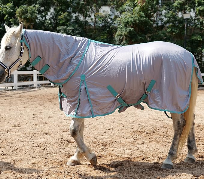 Horse Fly Sheet with Detachable Neck Cover & Belly Wrap, Adjustable Fly Sheet for Horses, Ventilated Airflow Mesh Equine Cooling Summer Flysheet Grey 78