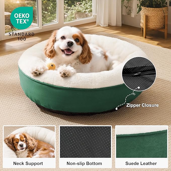 Love's cabin Round Donut Cat and Dog Cushion Bed, 25in Pet Bed for Small or Medium Dogs, Anti-Slip & Water-Resistant Bottom, Soft Durable Fabric Pet Beds, Washable Calming Cat & Dog Bed Green