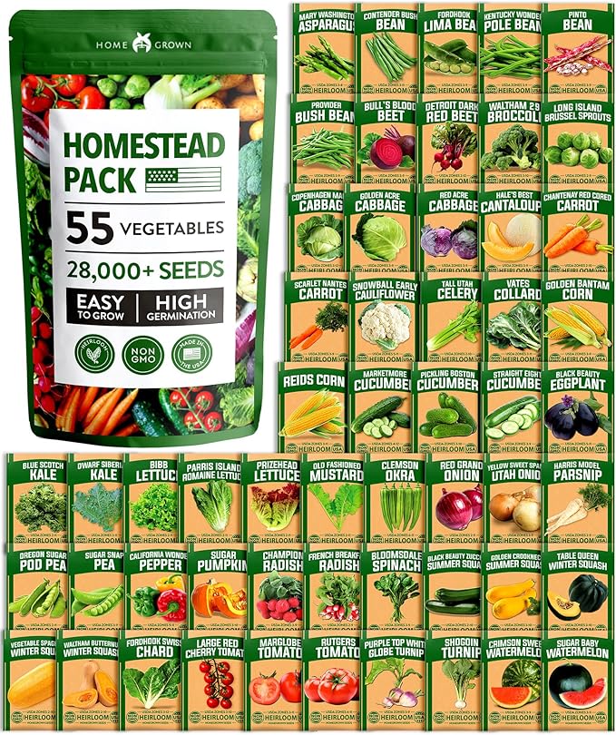 HOME GROWN π¨π¦π π£π₯ππ ππ¨π  55 Vegetable Seeds Pack 28,000+ Non-GMO Heirloom Seeds for Planting, Spring Fall Winter Garden Kit, Survival Seed Vault for Preppers & Gardeners, Gift for Men & Women