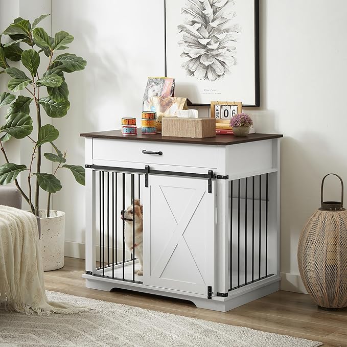 LZUUOB 37.8'' Dog Crate Furniture with Storage Drawer, Decorative Wooden Dog Kennel with Sliding Barn Door, Indoor Water Resistant Cage for Pet, Small, Medium, Large Dog (White)