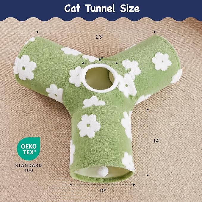 Tempcore Flannel Pet Cat Tunnel Tube Cat Toys 3 Way Collapsible, Cat Tunnels for Indoor Cats,Kitty Tunnel Bored Pet Toys Peek Hole Toy Ball Puppy, Kitty, Kitten, Rabbit Daisy Green