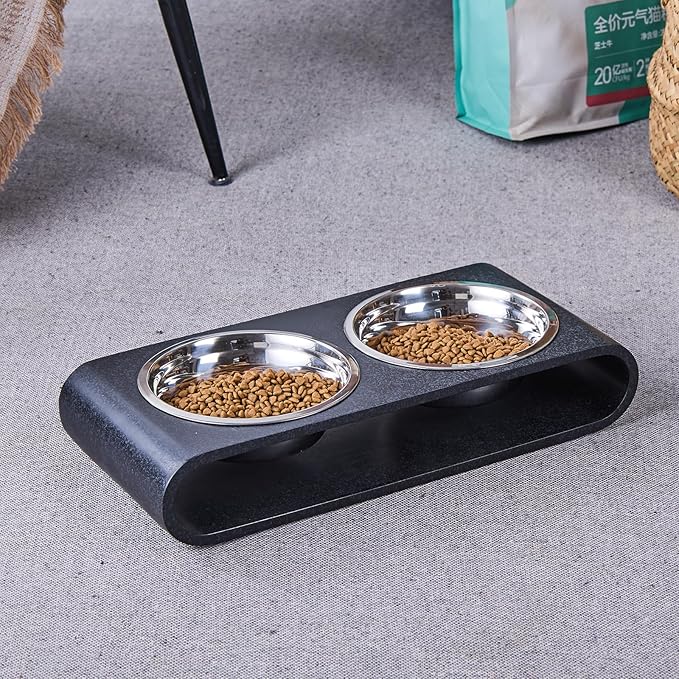 Black Marble Elevated Dog Bowls Set - 2 Thick 6" Stainless Steel Puppy Food Bowl with Non-Slip Raised Holder Stand, Double Feeding Bowls for Food and Water, Suitable for Cats and Small Medium Pet