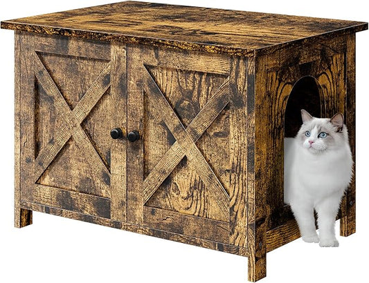 JY QAQA Cat Litter Box Enclosure,Litter Box Furniture Hidden with Barn Door,Wooden Cat Washroom Furniture,Cat House,Fit Most of Litter Box,Brown