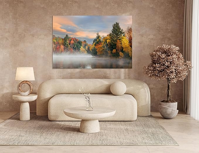 Nature Wall Art Prints - Ocean Forest Mountain Lake Canvas Landscapes - Small to Extra Large Living Room Bedroom Kitchen Bathroom Décor (Misty Fall Reflection, 28L" x 41W")