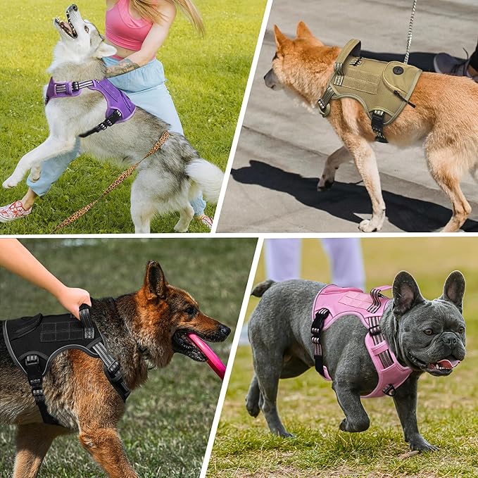 Heavy Duty Tactical Dog Harness for Large Dogs, Adjustable Reflective Service Vest with Control Handle & 4 Patches, No Pull Soft Padded Military Pet Harness for Training Walking Hiking (Pink, XL)