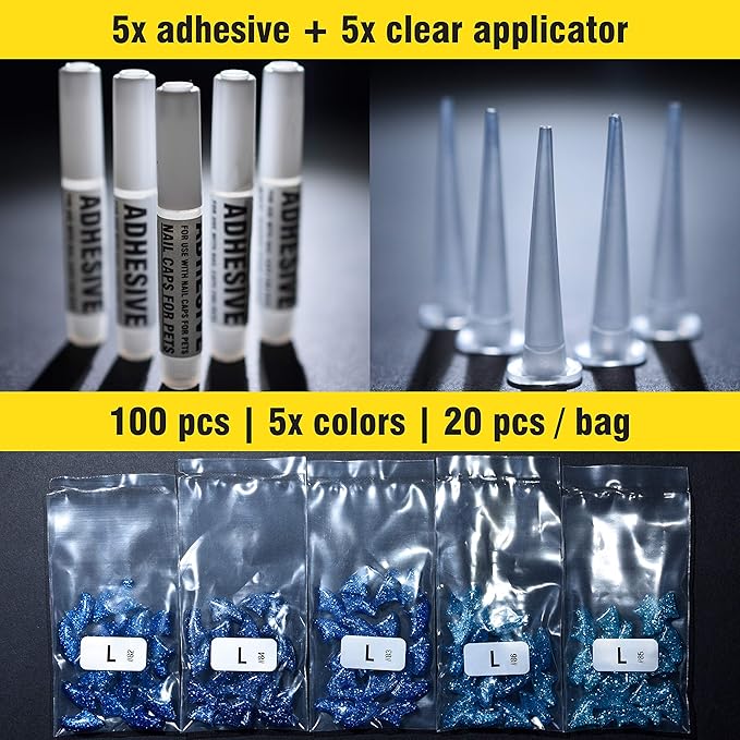 zetpo 100 pcs Cat Nail Caps | Cat Claw Covers | with Adhesives and Applicators (L, 5X Blue Glitter Shades)