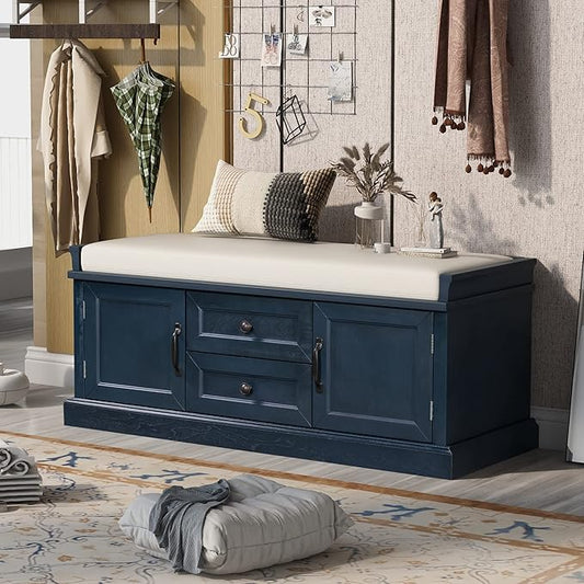 Storage Bench with 2 Drawers and 2 Cabinets, Pine Wood Shoe Bench with Removable Cushion for Living Room, Entryway 42.5" L x 15.9" W x 17.5" H (Antique Navy)