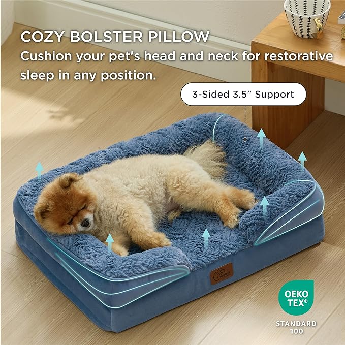 Bedsure Orthopedic Dog Beds for Small Dogs - Washable Small Dog Cat Bed Waterproof, Comfort Pet Couch Sofa with Washable Removable Cover, Pets Bed with Nonskid Bottom, Plush-Blue, 24"